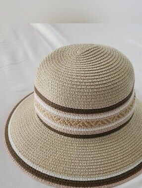 NWT Tan Paper MagidNYC Hats Brown Natural UPF 50+ Striped Straw Sun Hat One Size